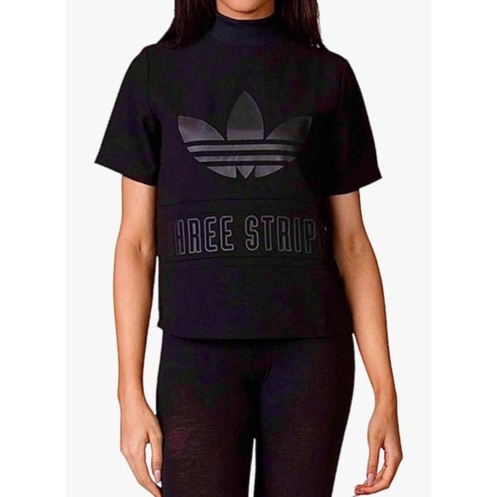 Adidas Black Trefoil Three Stripes Mock Neck Back Zip Short Sleeve Top Shirt S